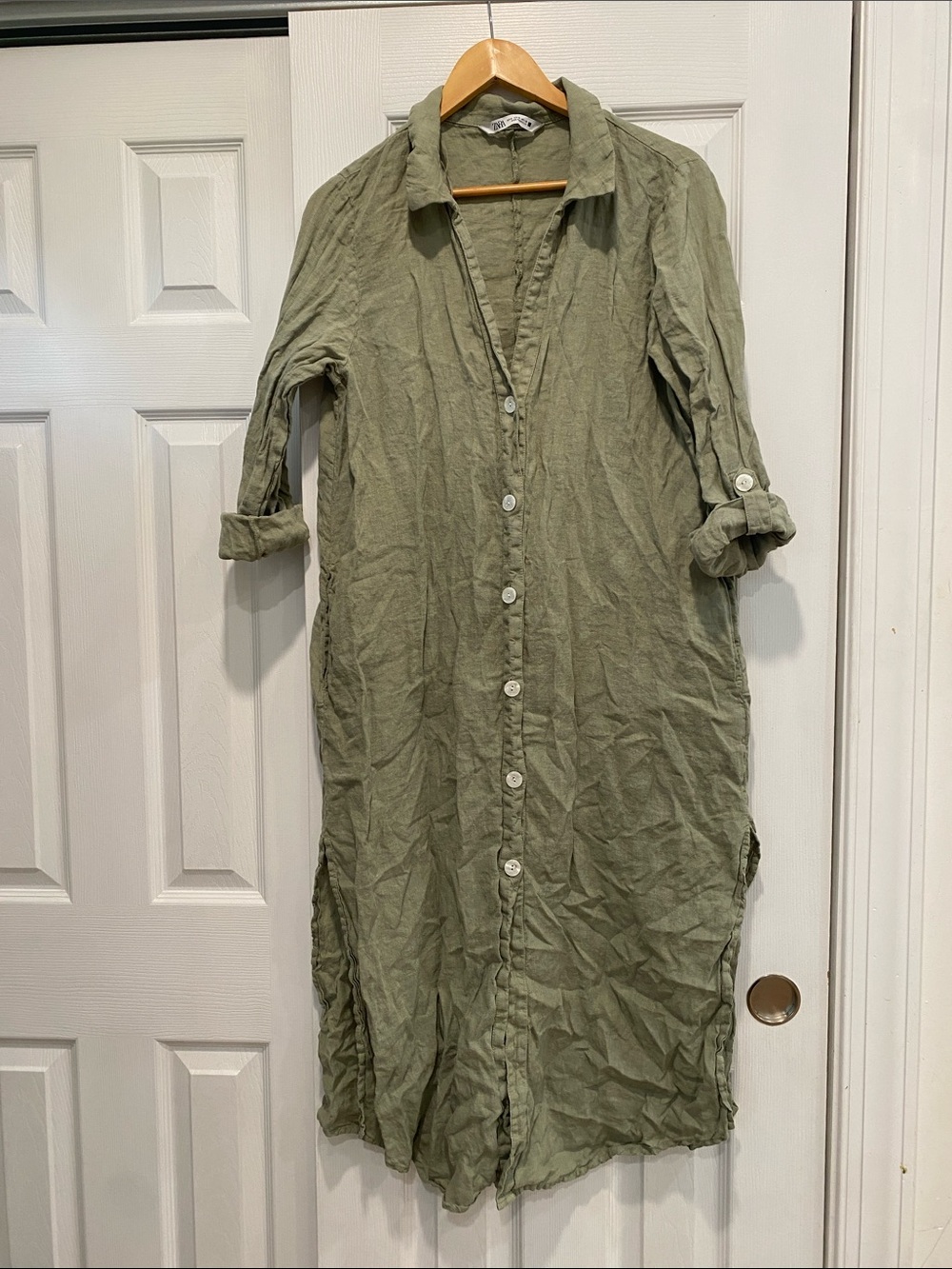 Zara Olive Green Button-Front Maxi Shirt Dress